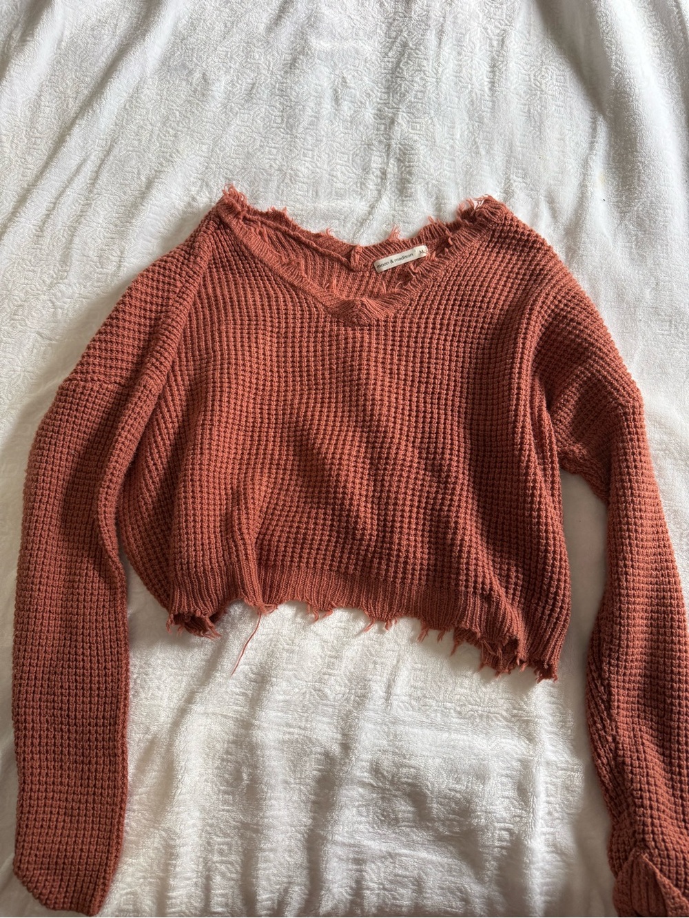 moon & madison Cropped Waffle Knit Sweater - Rust